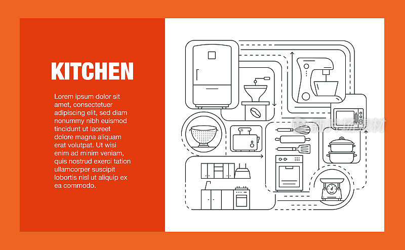 厨房线图标集和横幅设计。设计是可编辑的，颜色可以改变。矢量创意图标集:搅拌机，锅，天平，微波炉，水壶。