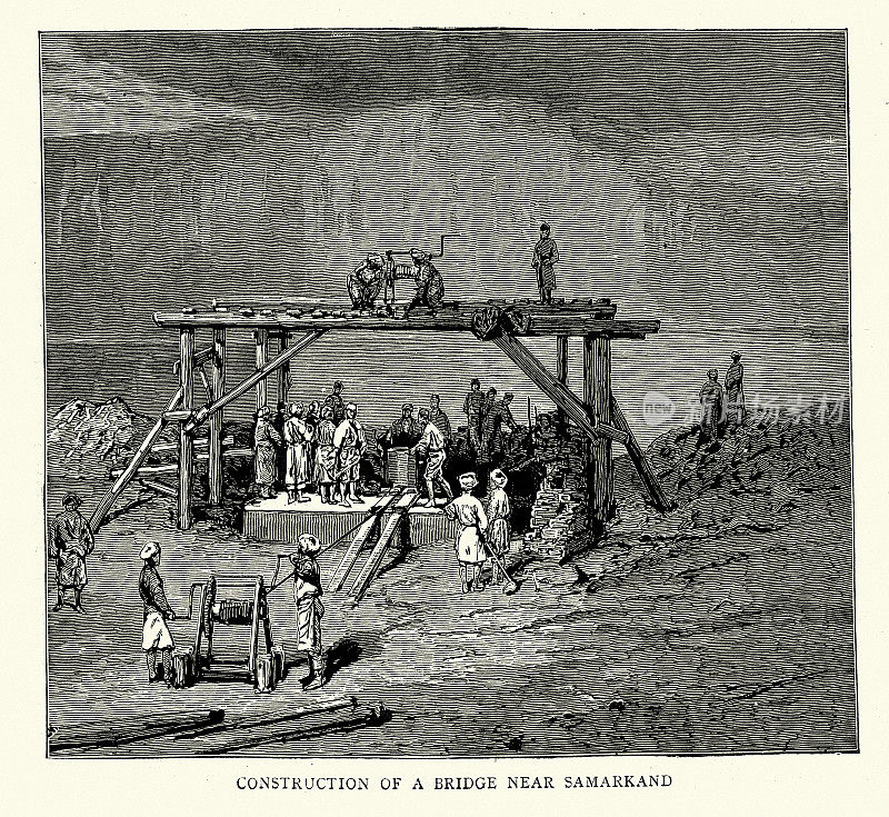中亚的俄罗斯人，在撒马尔罕附近建造铁路桥，从外海到撒马尔罕的跨海铁路，19世纪80年代
