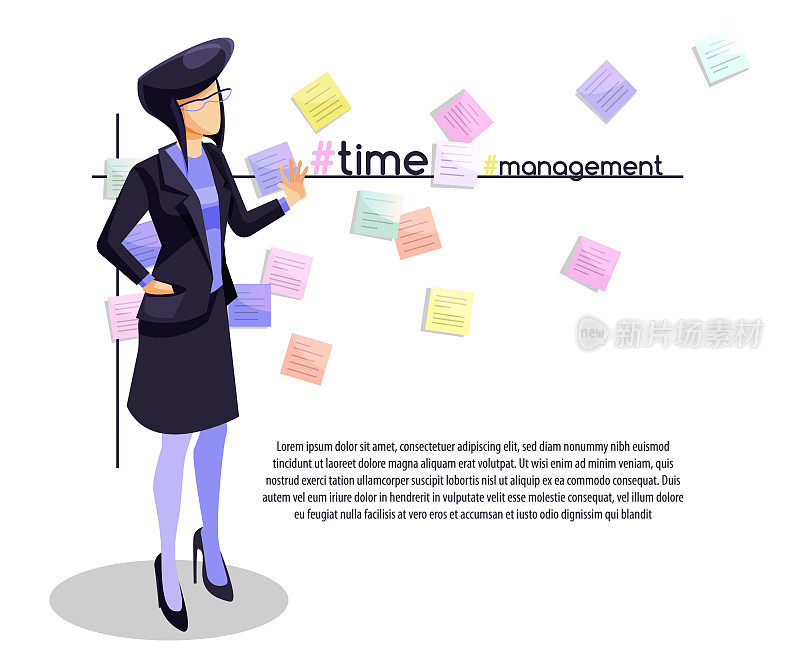 扁平化的时间管理理念。商务女性与文件计划在抽象的白色背景。具有复制空间的创意矢量插图。