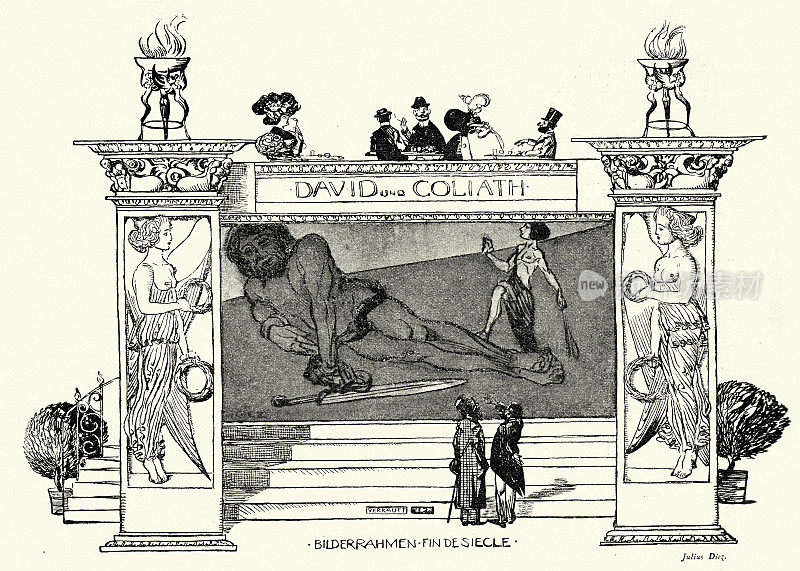 关于大卫和歌利亚的讽刺漫画，德国，青年风格，新艺术，19世纪90年代