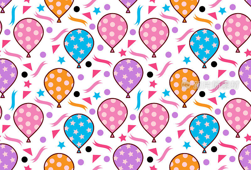 可爱的彩色生日气球与五彩纸屑卡通无缝图案