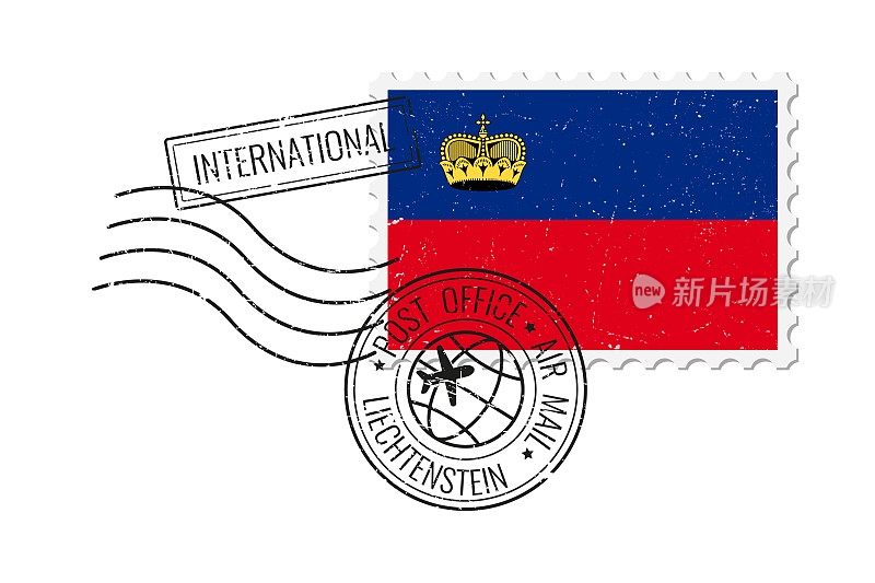 列支敦士登grunge风格邮票。复古明信片矢量插图与列支敦士登国旗隔离在白色背景上。复古的风格。
