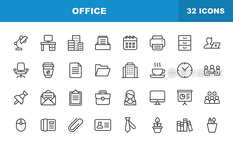 办公室线路图标。可编辑的中风。包含办公桌、办公室、椅子、文档、消息、通信、电子邮件、名片、秘书、日历等图标。