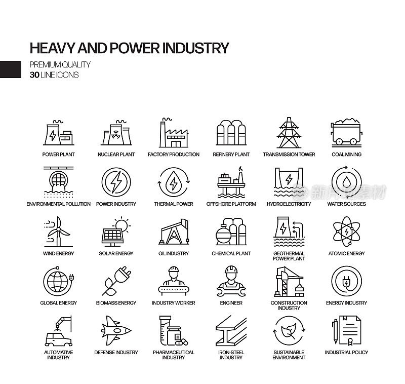 简单的一组重型和电力行业相关的矢量线图标。大纲符号集合