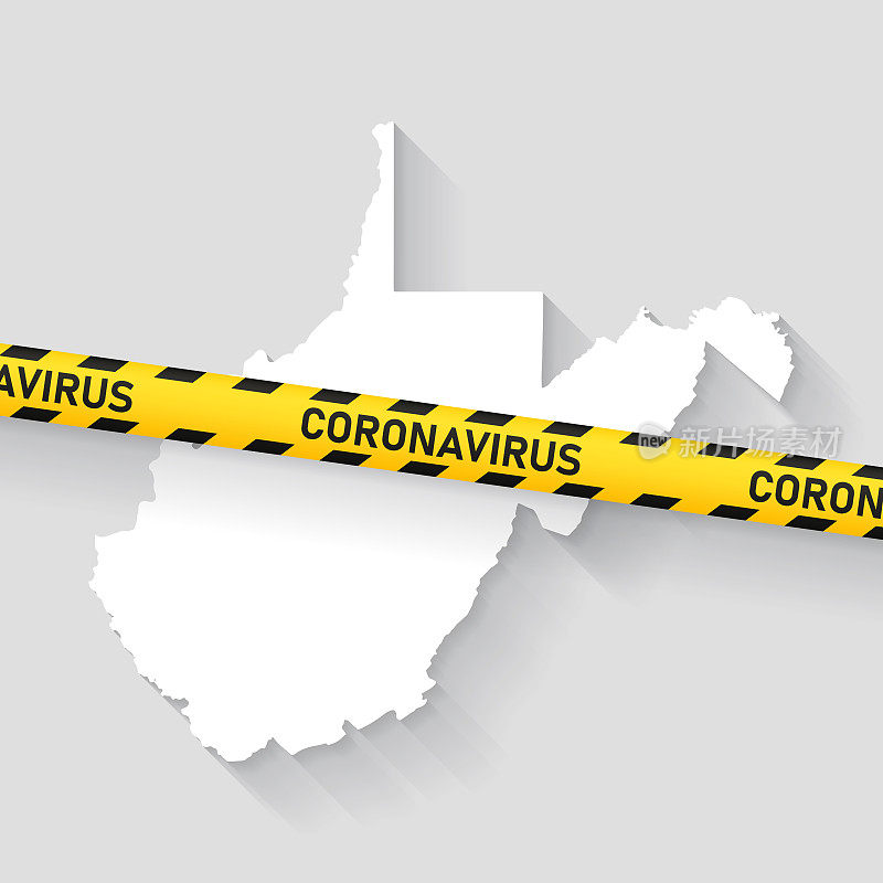 西弗吉尼亚州地图冠状病毒警告胶带。Covid-19爆发