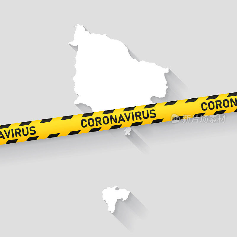 诺福克岛地图与冠状病毒警告胶带。Covid-19爆发