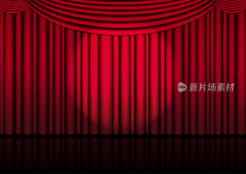 室内的写实歌剧舞台，有红色的幕布和聚光灯，用于喜剧表演或歌剧表演电影。矢量插图。