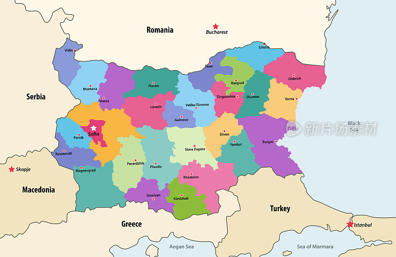 保加利亚各省矢量图，包括邻国和领土