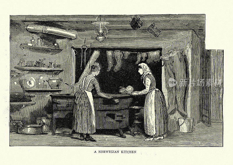 传统的挪威厨房，女人做饭，炉子，维多利亚式