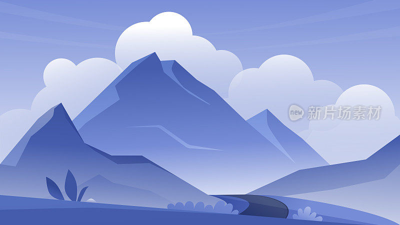 户外山地景观矢量插画，卡通平坦的山地蓝色宁静的全景与山岩石在地平线上，道路和云
