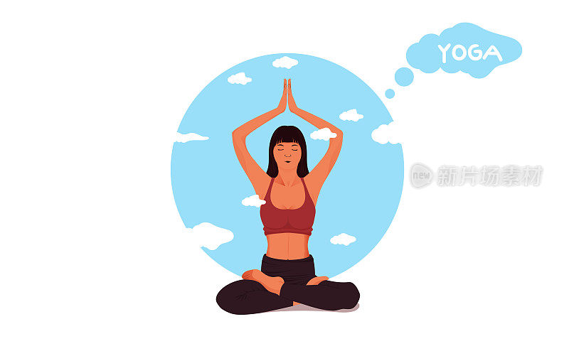 女子冥想瑜伽体式莲花坐姿盘腿冥想与钦摩德拉隔离在白色背景上，