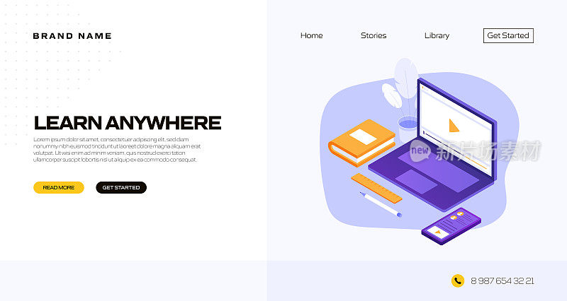 学习任何地方的概念矢量插图登陆页模板，网站横幅，广告和营销材料，在线广告，业务演示等。