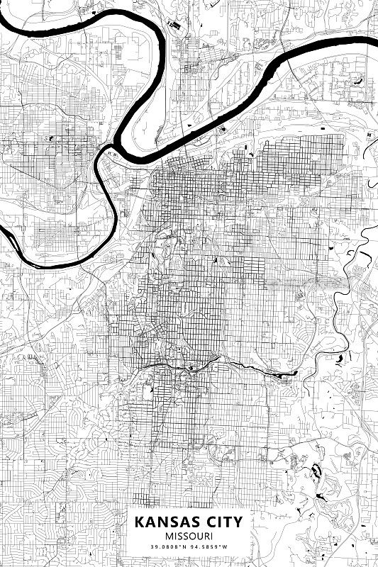 堪萨斯市区，密苏里州，美国矢量地图