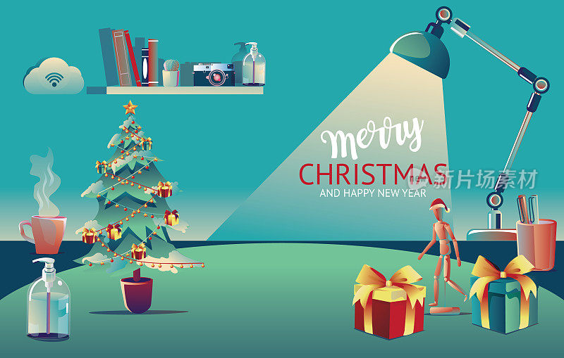 家庭使用视频会议圣诞和快乐新年的概念享受庆祝，装饰，在蓝色背景松树与圣诞祝福树，矢量插图与礼物