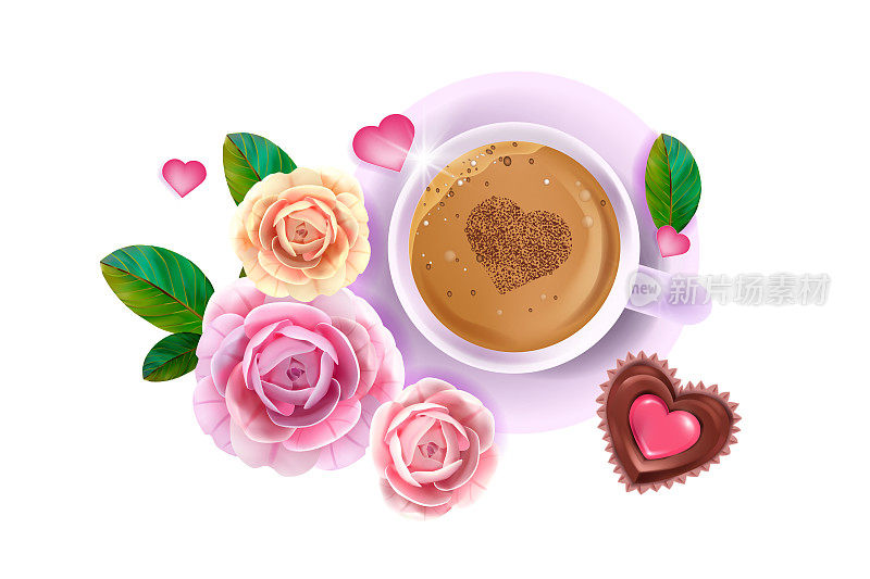 矢量情人节爱情快乐平躺卡粉红色玫瑰，鲜花，咖啡杯，心形巧克力蛋糕。