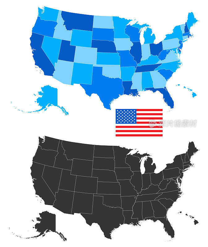 美国蓝色地图。高细节矢量插图与状态在白色背景