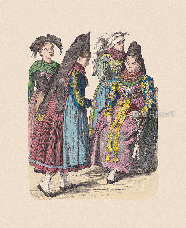 19世纪，德国服饰、巴登、手工着色木刻，大约1880年出版