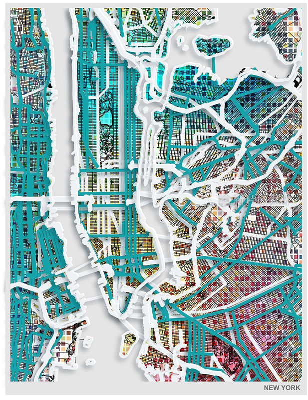 剪纸风格艺术插图地图，纽约市，美国