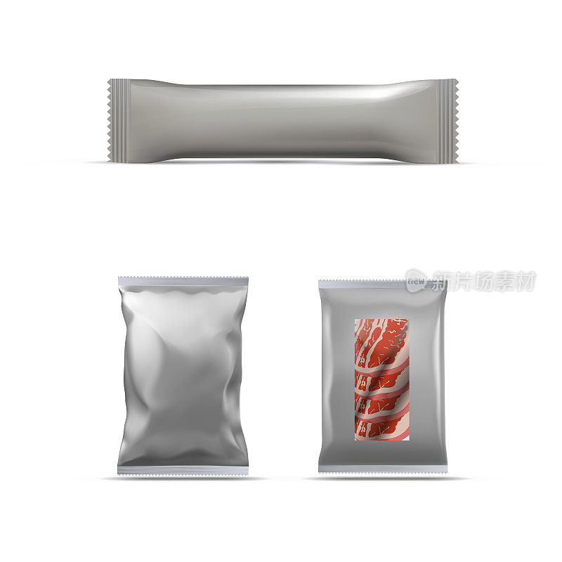详细矢量插图三包装与牛肉，白色矩形塑料包装的食品。
