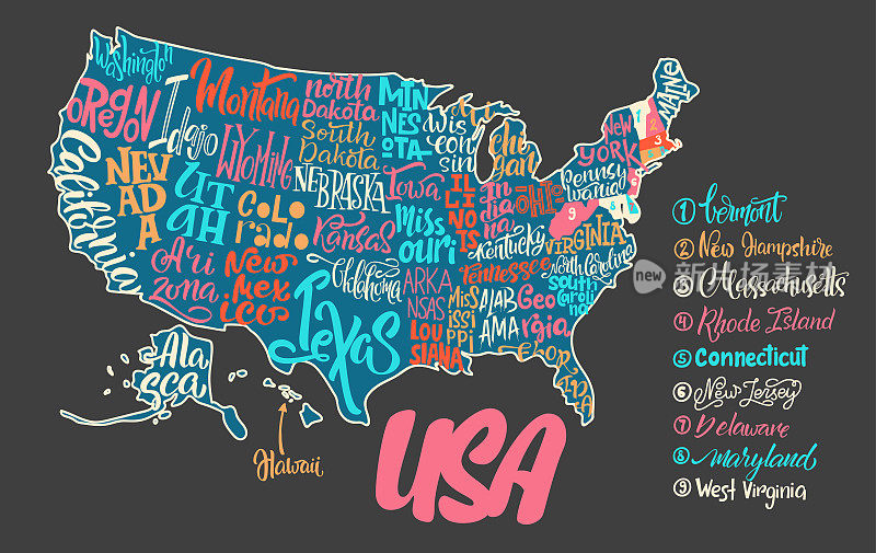 美国地图的剪影与手写的州名-得克萨斯州，加利福尼亚州，爱荷华州，夏威夷，纽约等。美国地图背景上的手写字母。