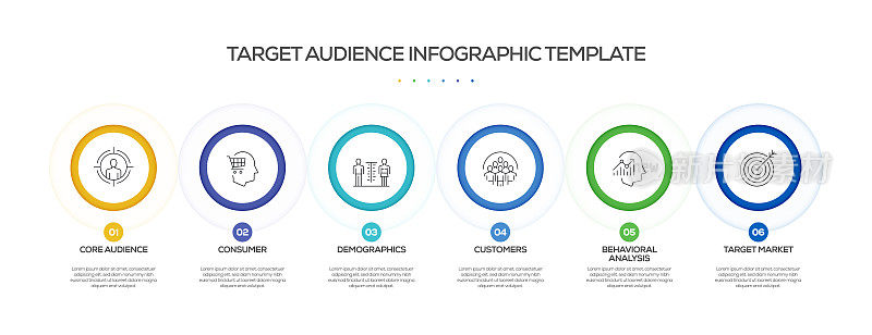 目标受众相关过程信息图表模板。过程时间图。带有线性图标的工作流布局