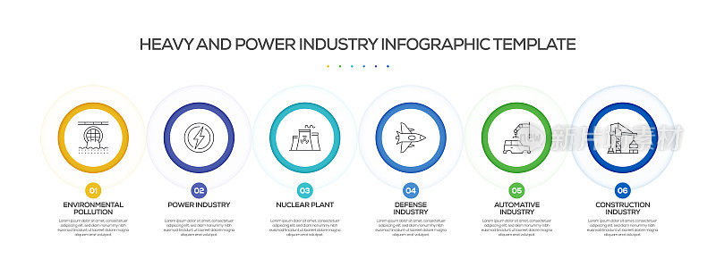 重型和电力工业相关过程信息图表模板。过程时间图。带有线性图标的工作流布局