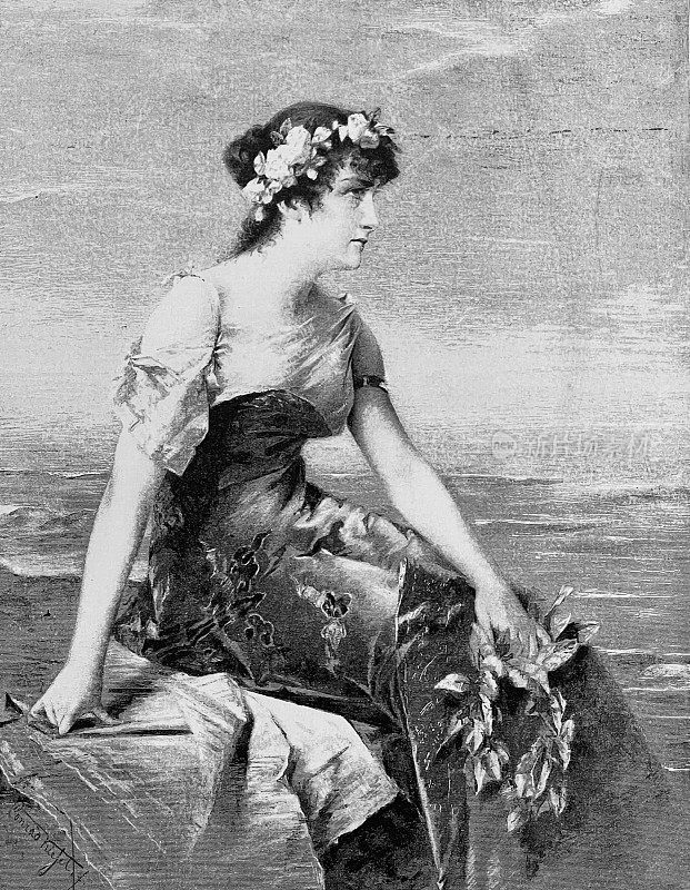 头发上戴着花环的女人沉思地坐在海边