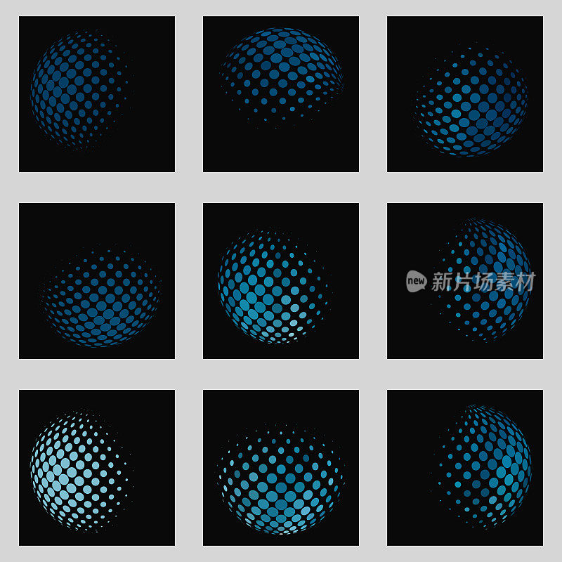 全球商业极简形状的半色调蓝色球体技术图标设计集合