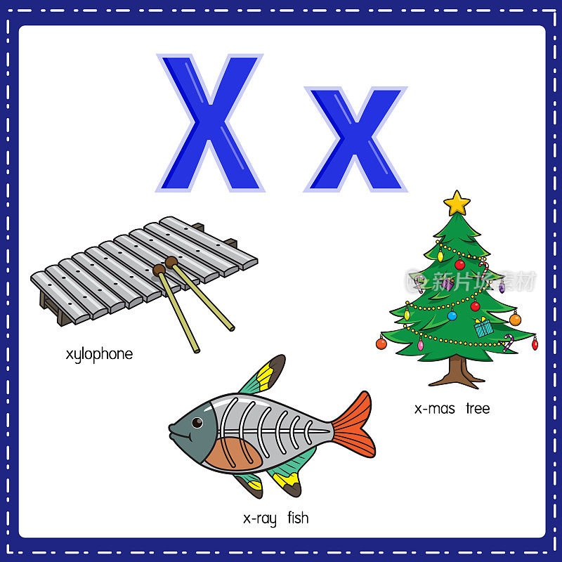 向量插图学习字母X的小写和大写的儿童与3卡通图像。木琴x光鱼圣诞树。