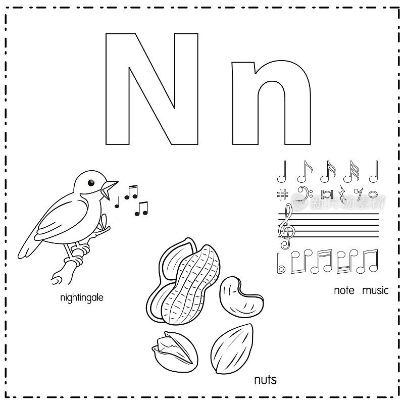 向量插图学习字母N的小写和大写的儿童与3卡通图像。夜莺坚果音符音乐。