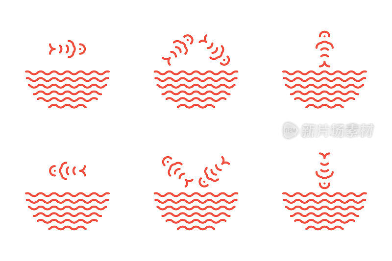 戳碗标志设置在线性风格。鱼儿从水波中跳跃。鱼拉面汤碗的象征