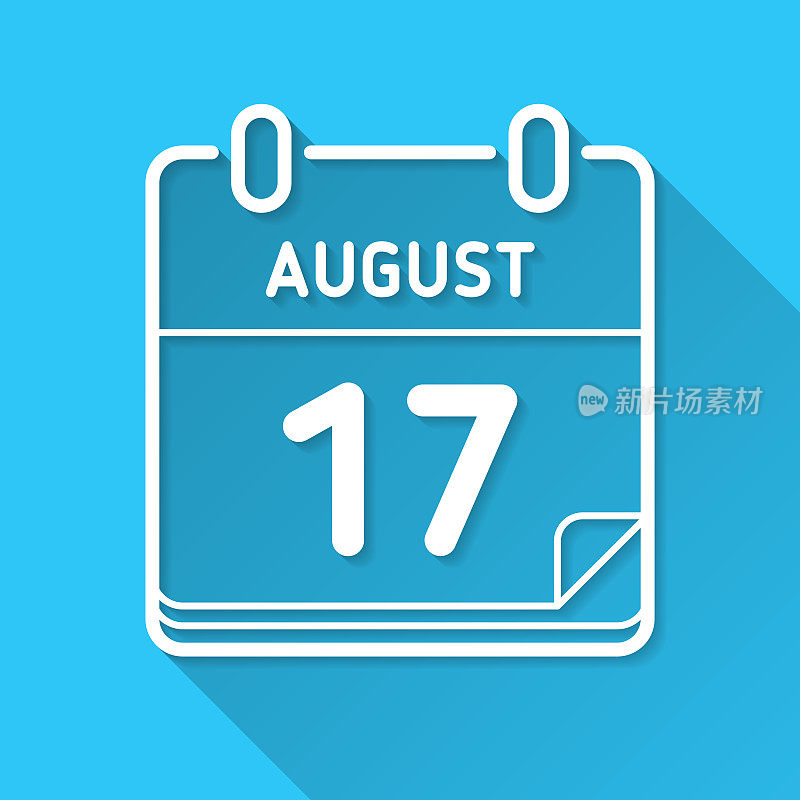 8月17日。蓝色背景上的图标-长阴影平面设计