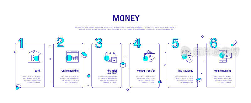 金钱相关的过程信息图表模板。过程时间图。带有线性图标的工作流布局