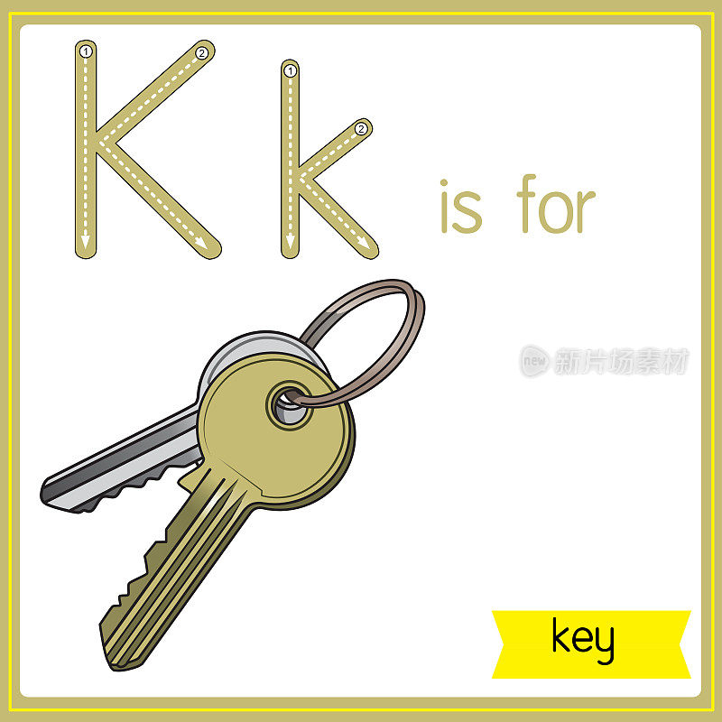 矢量插图学习字母为儿童与卡通形象。字母K代表钥匙。