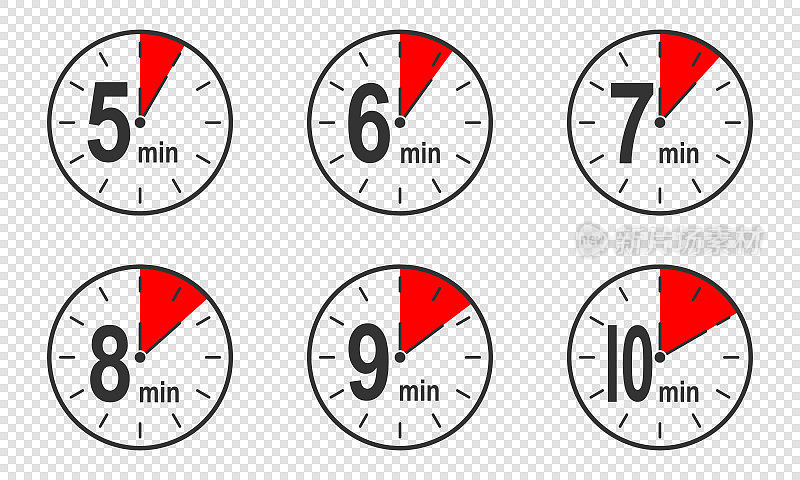 定时器图标有5、6、7、8、9、10分钟时间间隔。倒计时钟或秒表符号。烹饪准备指导的信息图元素