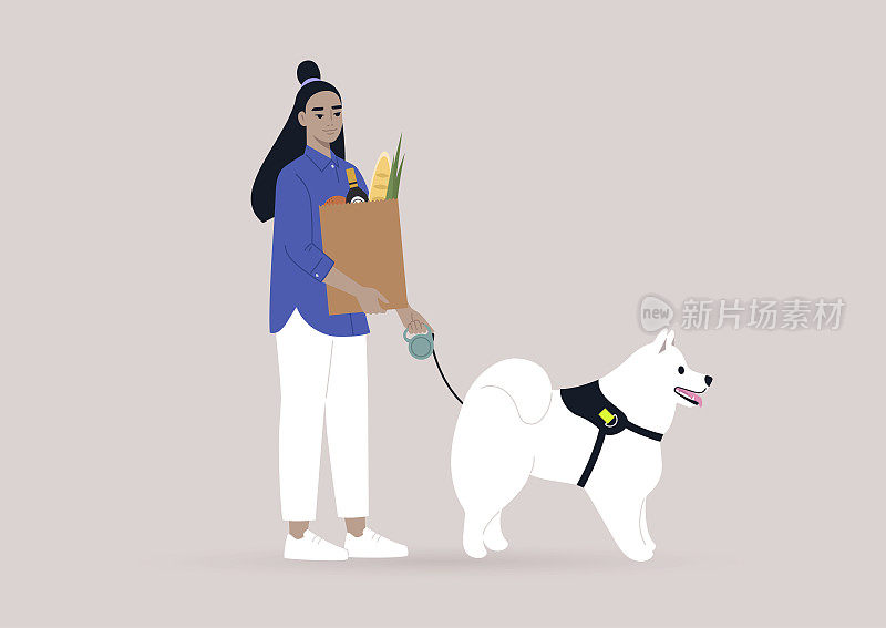 一个年轻的亚洲女性角色忙于日常活动，遛狗和买杂货