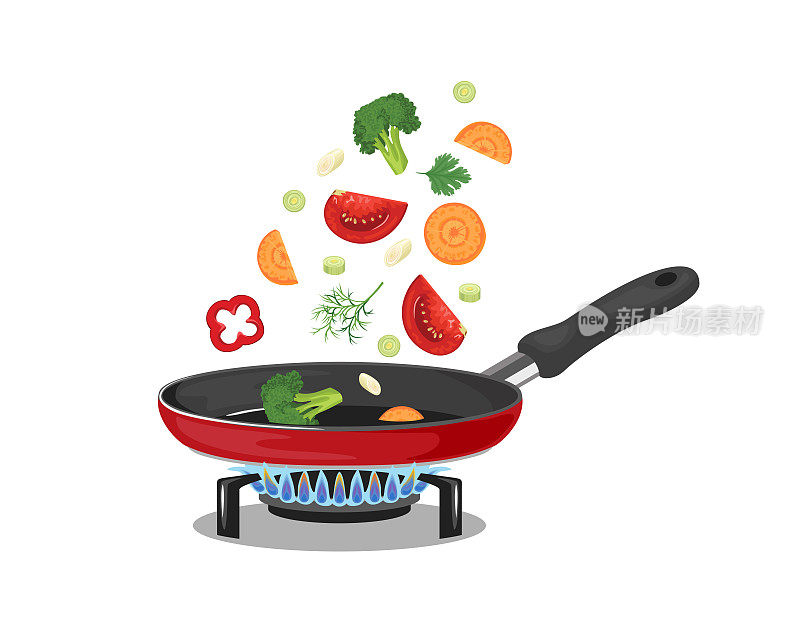 用煎锅煮食物。矢量插图切蔬菜煮在煤气炉。卡通平的风格。