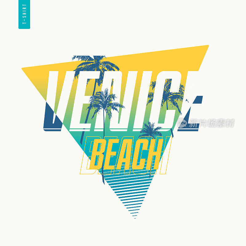 威尼斯海滩图形t恤设计棕榈树，夏季复古印花，矢量插图