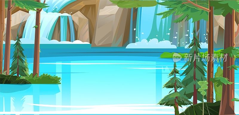 湖和松树。岩石之间有瀑布的夏季景观。级联向下闪闪发光。水的流动。漂亮的卡通风格。平面设计。向量