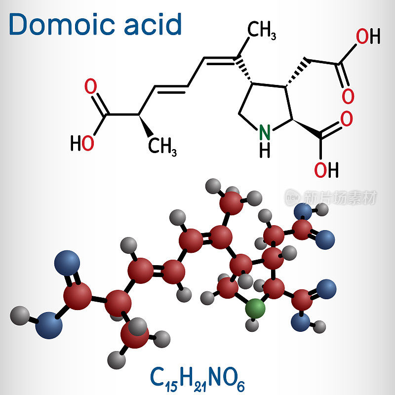 软骨藻酸，DA神经毒素分子。它类似于红藻酸，由双原子藻伪藻产生。结构化学式和分子模型