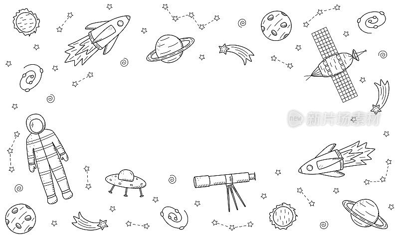 宇宙涂鸦是一套矢量插图。框架图标的空间元素火箭宇航员恒星卫星望远镜彗星。