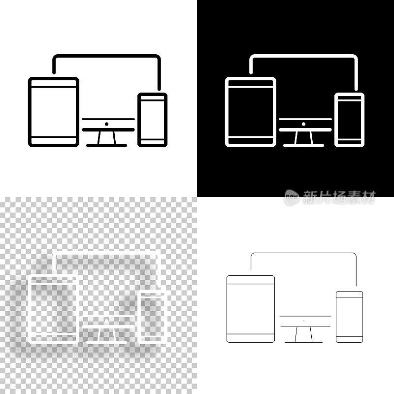 台式电脑、平板电脑和智能手机。图标设计。空白，白色和黑色背景-线图标