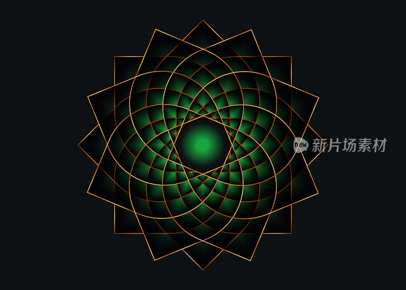 金莲花曼陀罗，象征神圣几何学的生命种子。品牌图标几何神秘曼荼罗炼金术秘花。矢量金线艺术神圣冥想护身符孤立在黑色背景