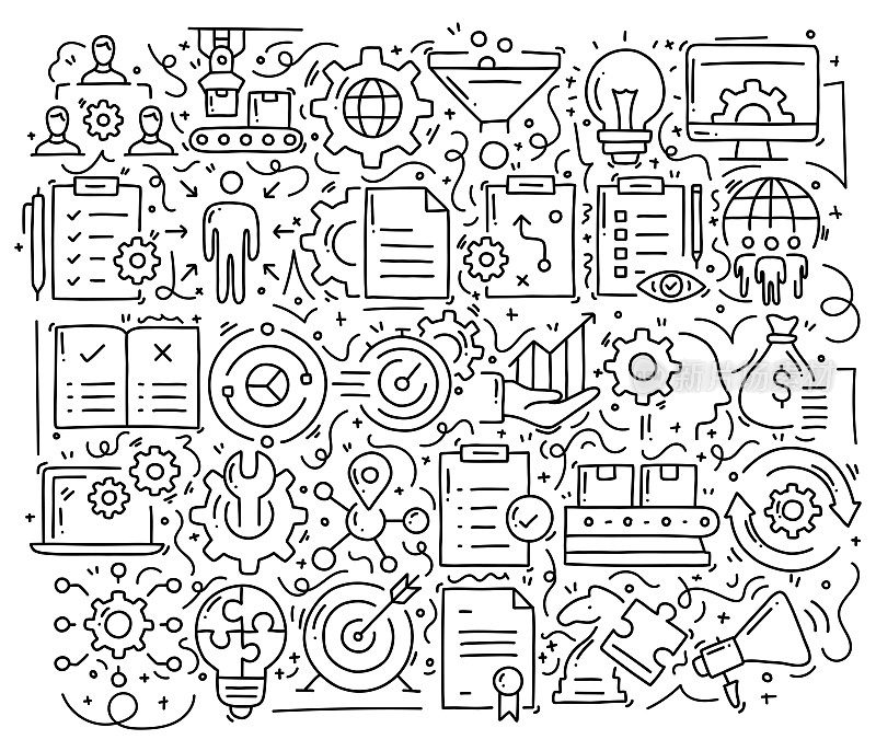 产品管理相关对象和元素。手绘矢量涂鸦插图集合。手绘图案设计