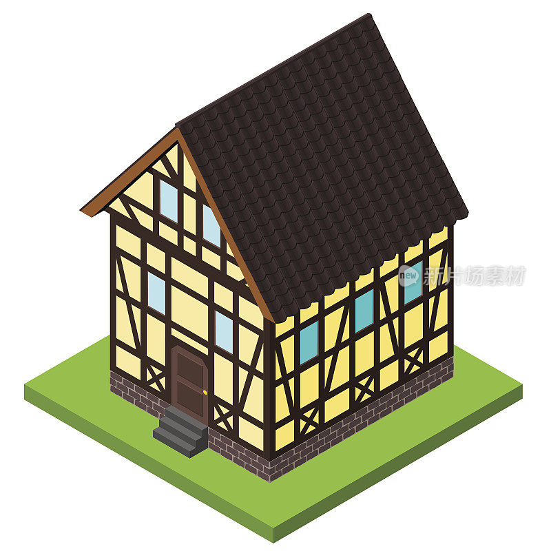 矢量乡村等距木结构风格的房子。