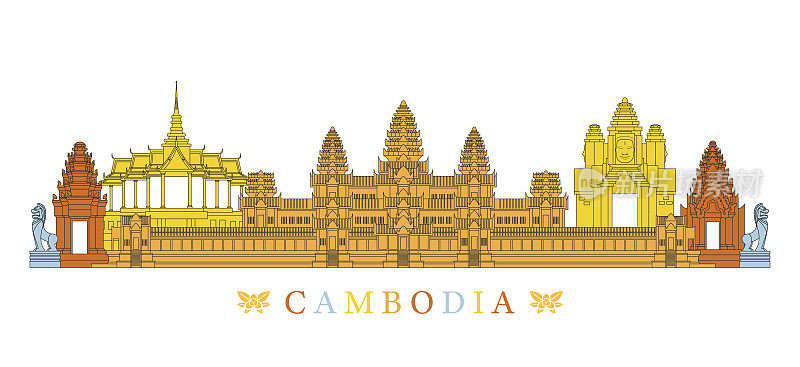 柬埔寨地标天际线，线条和色彩