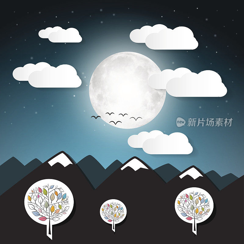 抽象向量夜景观插图与满月