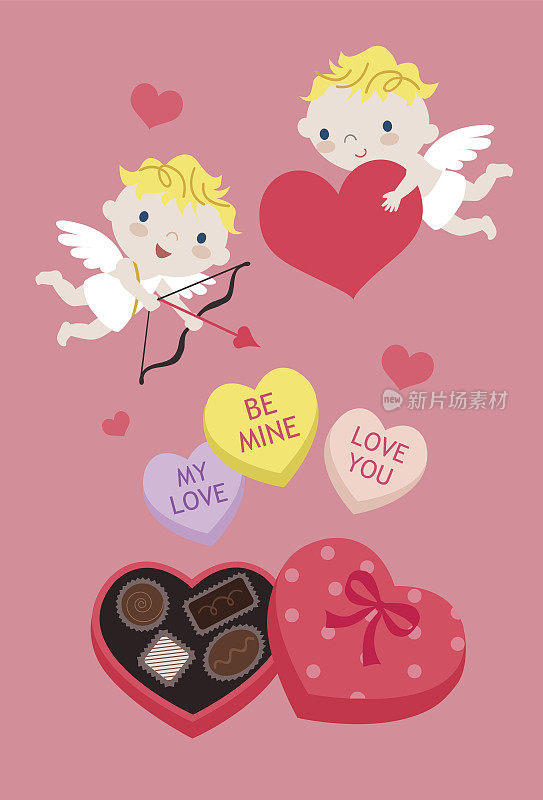 爱神丘比特心形糖果和情人节巧克力