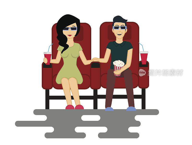 一对年轻的男女正在电影院看电影。矢量插图孤立在白色背景