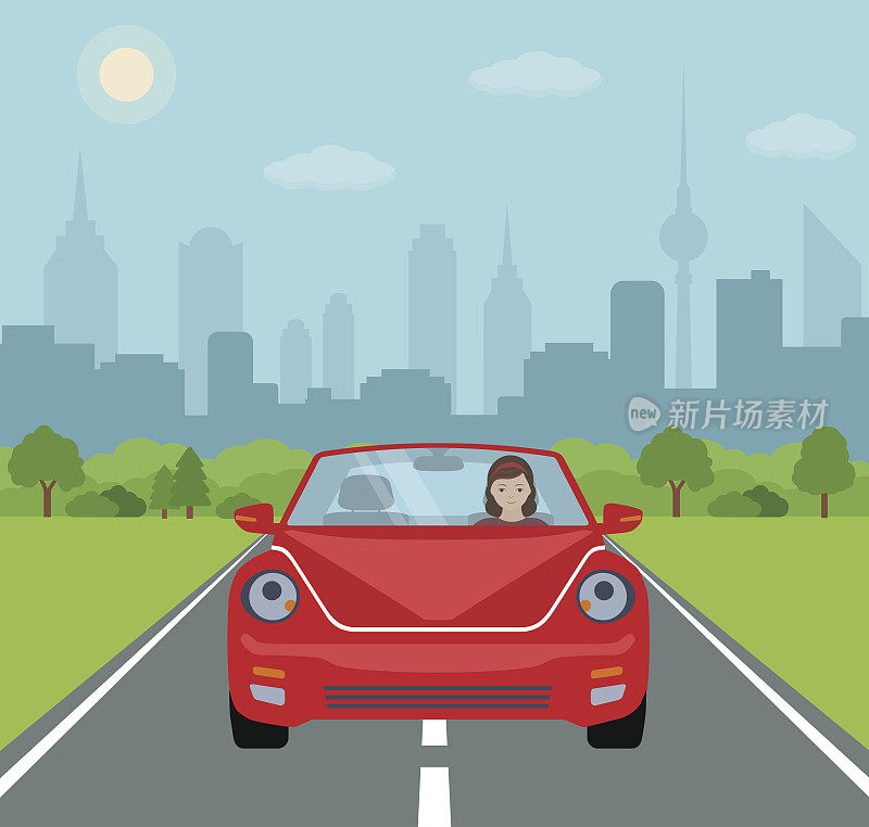 年轻女子开着一辆红色汽车，背景是城市。